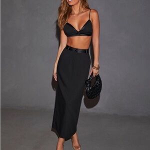 Vici black midi maxi satin skirt crop top bra blouse set